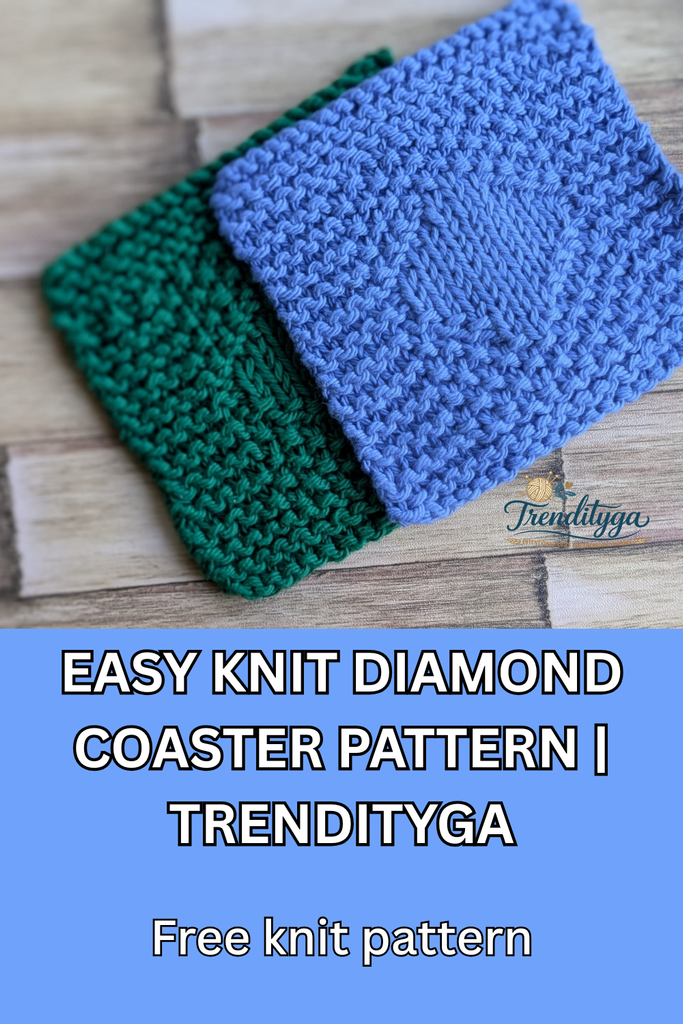 Hand-knitted diamond coaster in periwinkle blue and forest green cotton yarn, featuring a free easy beginner knit pattern from TrendityGA.