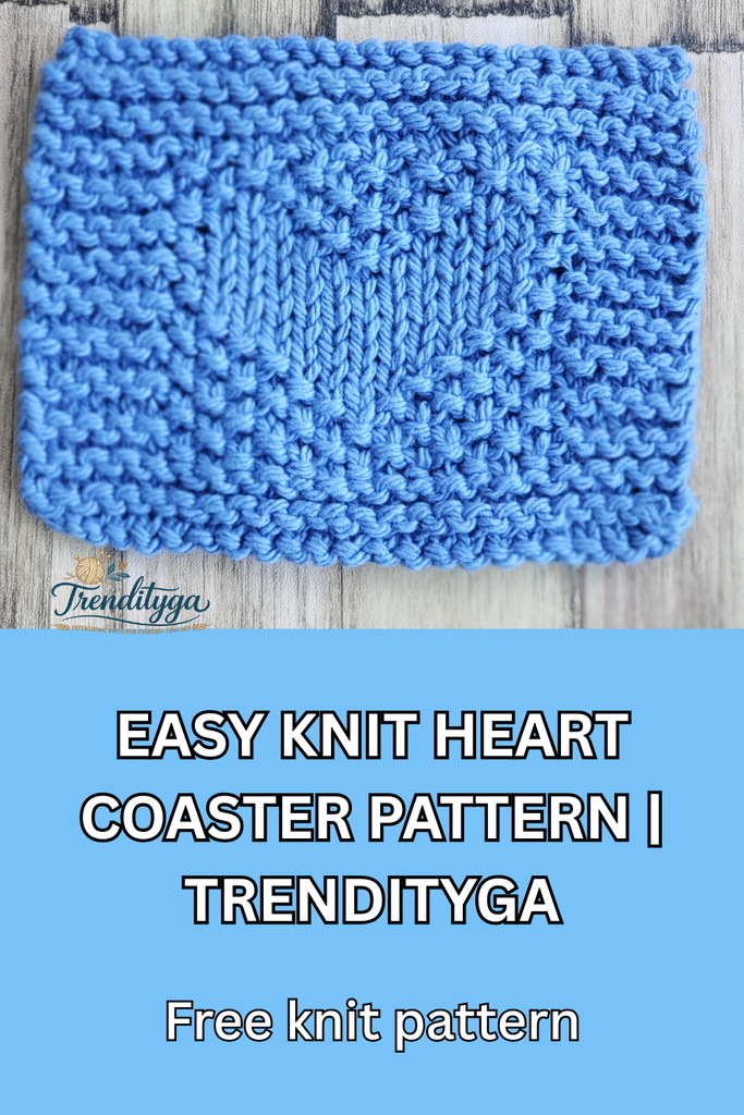 Handmade periwinkle blue knit heart coaster pattern for beginners from TrendityGA.